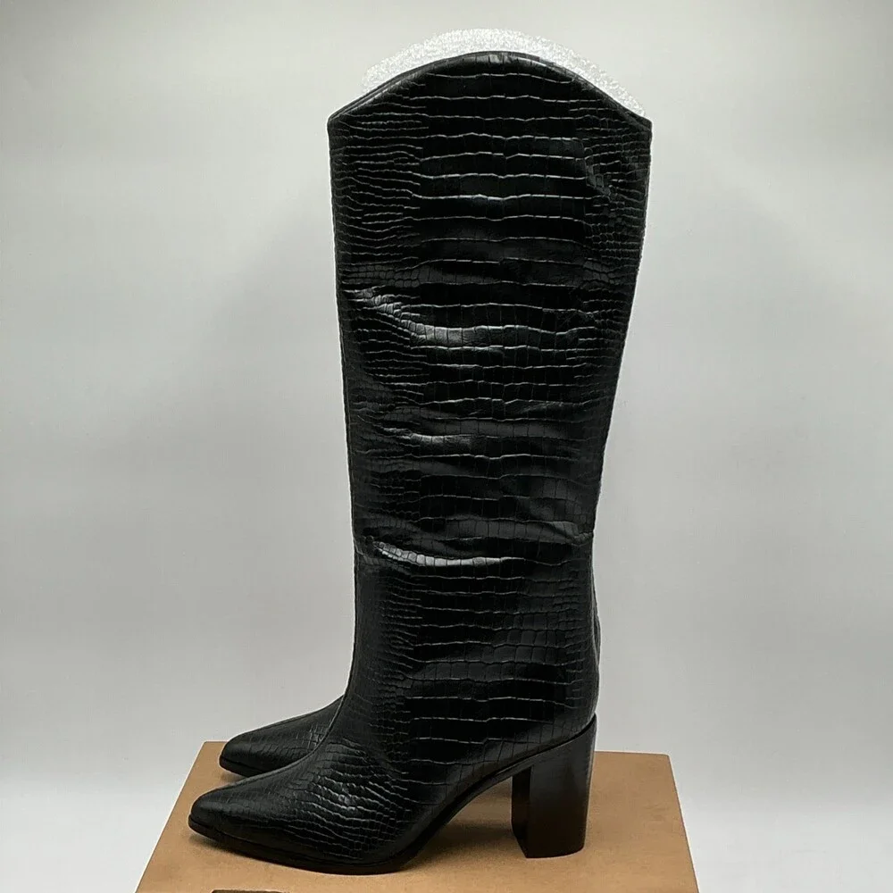 Schutz Maryana Boots Women's 7 B Black Leather Croc-Embossed Block Heel Ebay4464